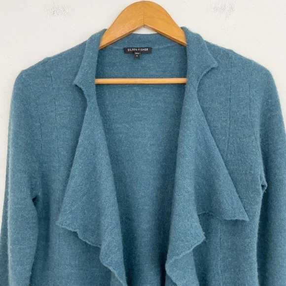 Eileen Fisher Merino Wool Teal Draped Open Front Long Sleeves Sweater Cardigan S - Picture 2 of 16